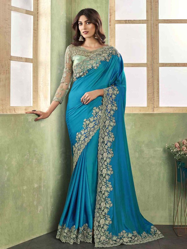 Bright Blue Two Tone Silk Saree